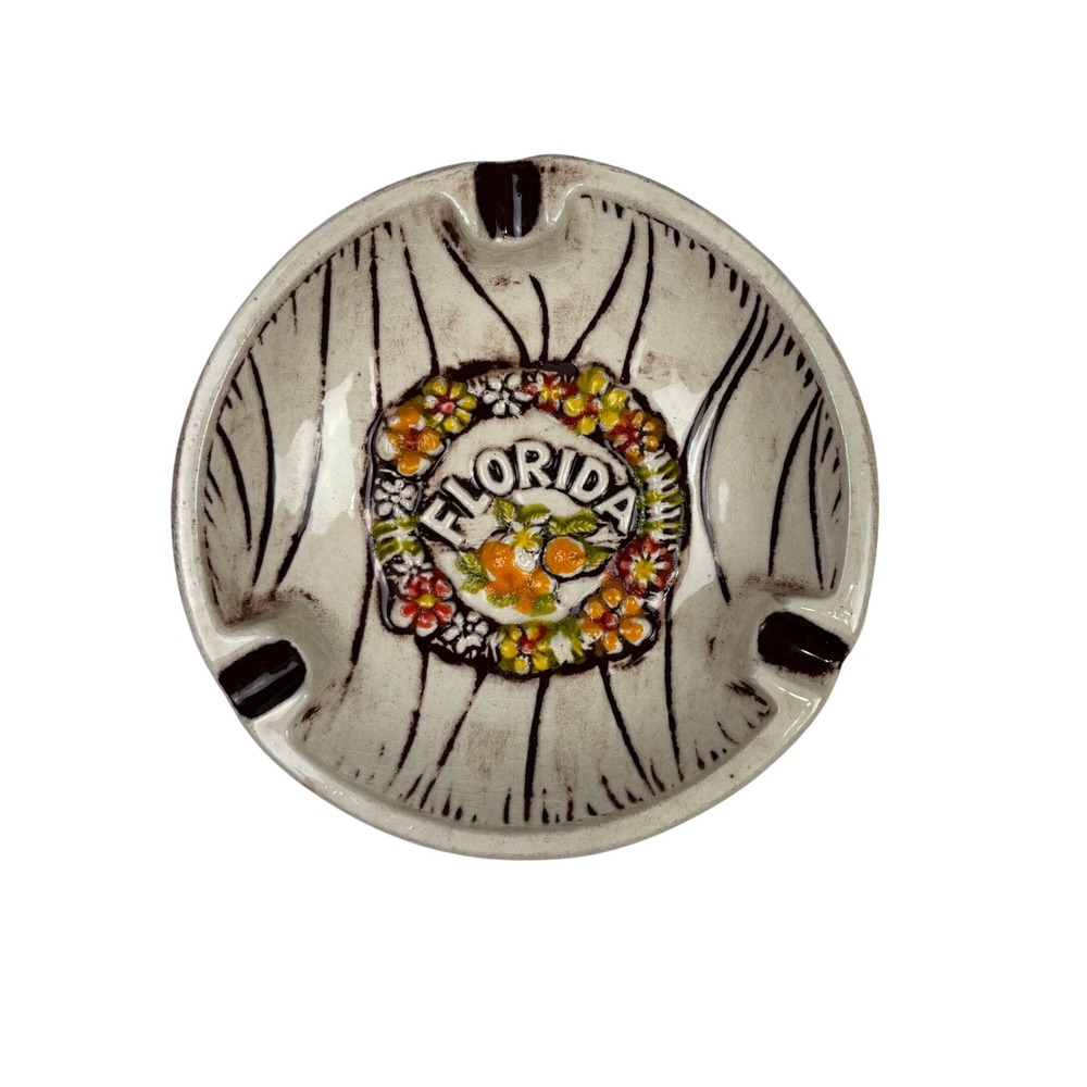 Vintage Florida Ashtray Treasure Craft USA Pottery Orange Blossom Souvenir 4.5in